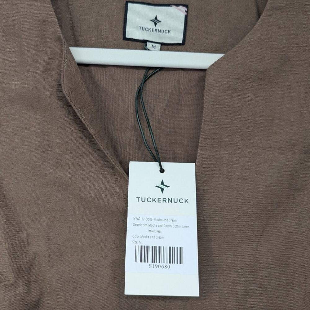 Tuckernuck Izzie Mocha Cream Stripe Linen Cotton Mini Dress Puff Sleeve NWT M - Picture 3 of 5